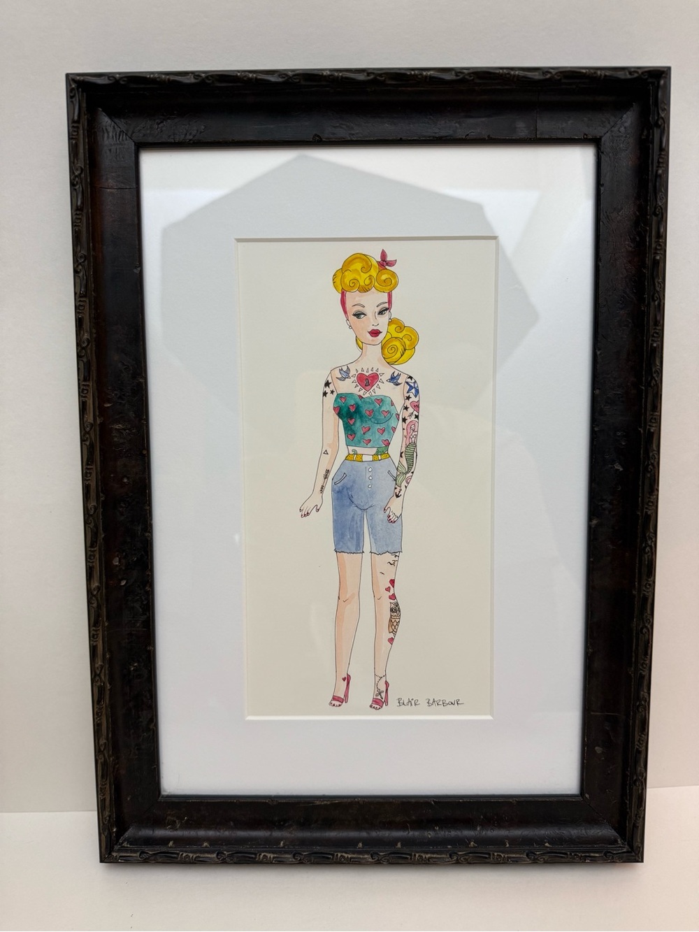 Blair Barbour Signed "Modern Barbie" Tattoo Pin Up Fashion Watercolor, Framed